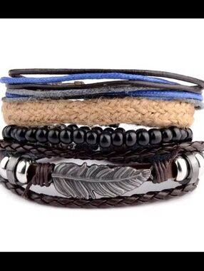 Men's Bracelets Leather 4pc Feather Layered Braided Brown New g4